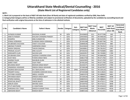 Uttarakhand State Medical/Dental Counselling - 2016 (State Merit List of Registered Candidates Only) NOTE : 1