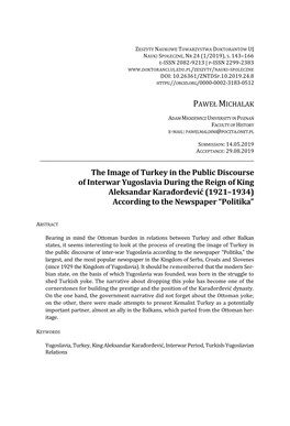The Image of Turkey in the Public Discourse of Interwar Yugoslavia During the Reign of King Aleksandar Karađorđević (1921–1934) According to the Newspaper “Politika”