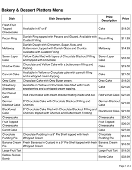Bakery & Dessert Platters Menu