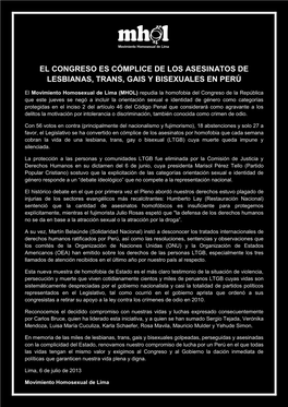 El Congreso Es Cómplice De Los Asesinatos De Lesbianas, Trans, Gais Y Bisexuales En Perú