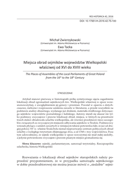 Miejsca Obrad Sejmików Województw Wielkopolski Właściwej Od XVI Do XVIII Wieku