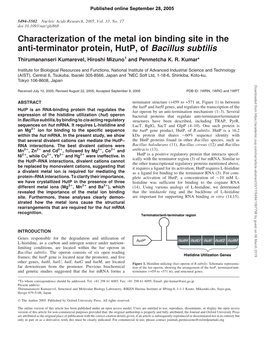 Characterization of the Metal Ion Binding Site in the Anti-Terminator Protein, Hutp, of Bacillus Subtilis Thirumananseri Kumarevel, Hiroshi Mizuno1 and Penmetcha K