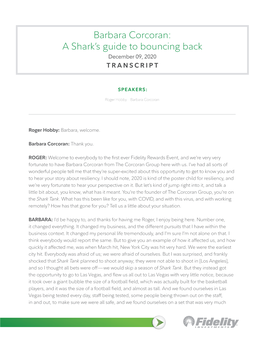 Barbara Corcoran: a Shark’S Guide to Bouncing Back December 09, 2020 TRANSCRIPT