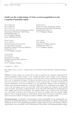 Studies on the Ecophysiology of Tuber Aestivum Populations in the Carpatho-Pannonian Region