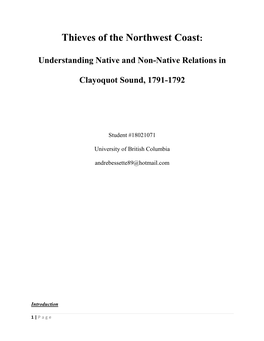 Thieves of the Northwest Coast: Understanding Native and Non-Native Relations in Clayoquot Sound, 1791-1792