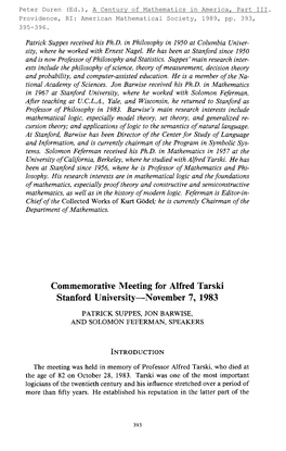 Commemorative Meeting for Alfred Tarski Stanford University-November 7, 1983