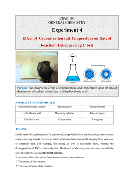 CEAC 104 GENERAL CHEMISTRY Experiment 4 Effect of Concentration and Temperature on Rate of Reaction (Dissappearing Cross)