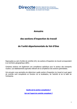 Annuaire Des Sections D'inspection Du Travail De L'unité Départementale Du