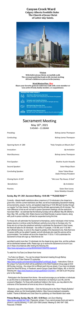 Sacrament Meeting May 16Th, 2021 9:45AM – 11:00AM