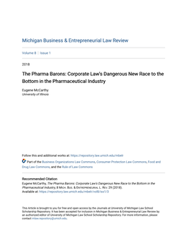 The Pharma Barons: Corporate Law's Dangerous New Race to the Bottom in the Pharmaceutical Industry