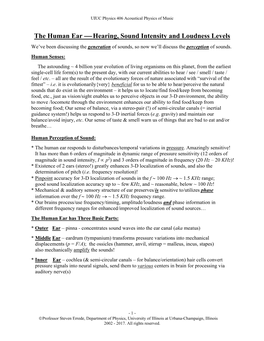 The Human Ear  Hearing, Sound Intensity and Loudness Levels