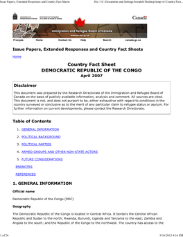 Country Fact Sheet, Democratic Republic of the Congo