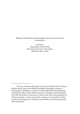 Religion, Nationalism and Demography: False Consciousness, Real Consequences1