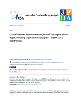 And Triphosphate from Royal Jelly Using Liquid Chromatography - Tandem Mass Spectrometry," Journal of Food and Drug Analysis: Vol