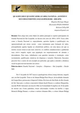 SÃO LEOPOLDO/RS - 1850-1870) Miquéias Henrique Mugge Mestrando PPGH-UNISINOS Bolsista Cnpq-GM Miqueias@Gmail.Com