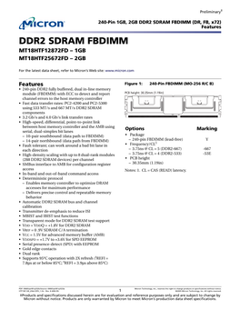 DDR2 SDRAM FBDIMM (DR, FB, X72) Features DDR2 SDRAM FBDIMM MT18HTF12872FD – 1GB MT18HTF25672FD – 2GB