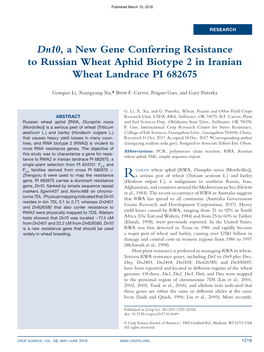 Dn10, a New Gene Conferring Resistance to Russian Wheat Aphid Biotype 2 in Iranian Wheat Landrace PI 682675