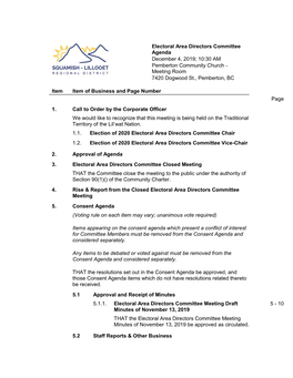 Electoral Area Directors Committee Agenda December 4, 2019; 10:30 AM Pemberton Community Church - Meeting Room 7420 Dogwood St., Pemberton, BC