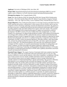 Control Number 2203-1817 Applicant: University of Michigan (UM), Ann Arbor, MI Project Title: Integrated Biochemical and Electro