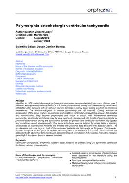 Polymorphic Catecholergic Ventricular Tachycardia