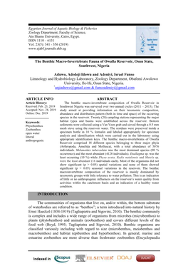 The Benthic Macro-Invertebrate Fauna of Owalla Reservoir, Osun State, Southwest, Nigeria