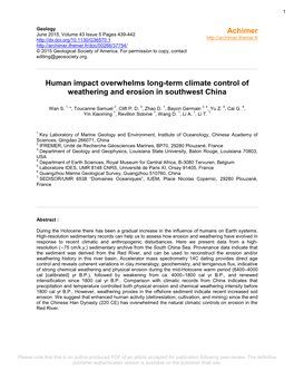 Human Impact Overwhelms Long-Term Climate Control of Weathering and Erosion in Southwest China