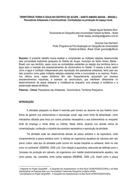 TERRITÓRIOS TERRA E ÁGUA NO DISTRITO DE ACUPE – SANTO AMARO (BAHIA – BRASIL): Pescadores Artesanais E Carcinicultores