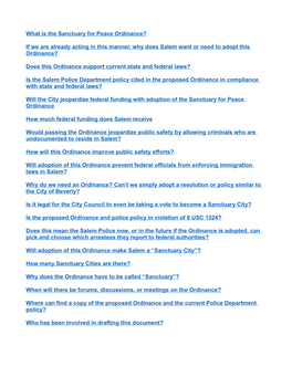 What Is the Sanctuary for Peace Ordinance? If We Are Already Acting in This Manner, Why Does Salem Want Or Need to Adopt This Or