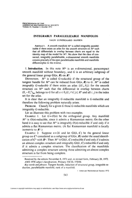 Integrably Parallelizable Manifolds Vagn Lundsgaard Hansen