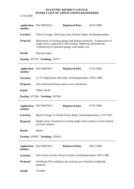 Daventry District Council Weekly List of Applications Registered 21/01/2008