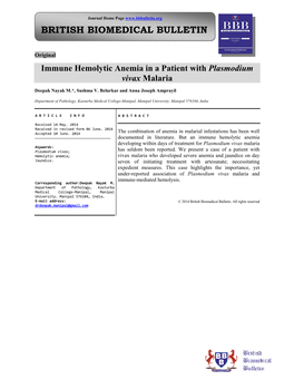 Immune Hemolytic Anemia in a Patient with Plasmodium Vivax Malaria