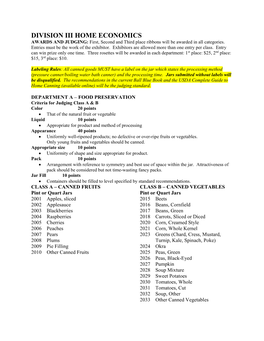 DIVISION III HOME ECONOMICS AWARDS and JUDGING: First, Second and Third Place Ribbons Will Be Awarded in All Categories