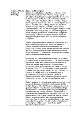 Easton and Honingham Settlement Easton Is Identified As an Urban Fringe Settlement in the Hierarchy: Greater Norwich Local Plan