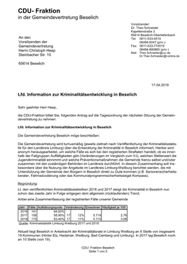 CDU- Fraktion in Der Gemeindevertretung Beselich Vorsitzender: Dr