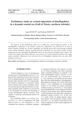 Preliminary Study on Vertical Migrations of Dinoflagellates in a Dynamic Coastal Sea (Gulf of Trieste, Northern Adriatic)