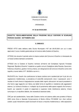 COMUNE DI SCARLINO Provincia Di Grosseto ORDINANZA N° 22 Del 09