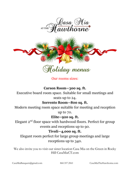 Holiday Menus Our Rooms Sizes