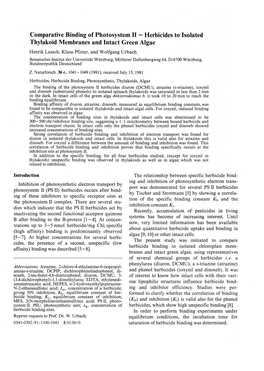 Herbicides to Isolated Thylakoid Membranes and Intact