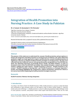 Integration of Health Promotion Into Nursing Practice: a Case Study in Pakistan