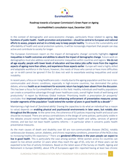 Green Paper on Ageing Eurohealthnet’S Consultation Input, December 2020