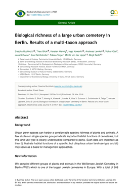 Biological Richness of a Large Urban Cemetery in Berlin. Results of a Multi-Taxon Approach