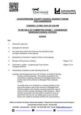 Leicestershire County Council Highway Forum for Charnwood Tuesday
