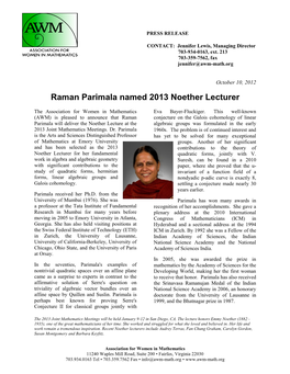 Raman Parimala Named 2013 Noether Lecturer