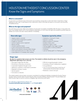 HOUSTON METHODIST CONCUSSION CENTER Know the Signs and Symptoms