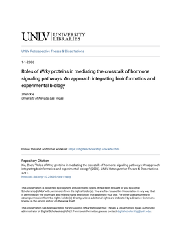 Roles of Wrky Proteins in Mediating the Crosstalk of Hormone Signaling Pathways: an Approach Integrating Bioinformatics and Experimental Biology