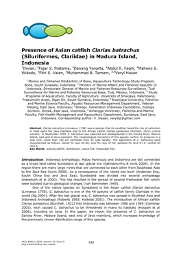 Clarias Batrachus (Siluriformes, Clariidae) in Madura Island, Indonesia 1Ihwan, 2Fajar S