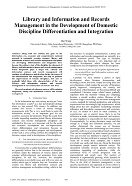 Library and Information and Records Management in the Development of Domestic Discipline Differentiation and Integration