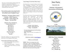 Mingo Creek Park Observatory 2018 Star Party Schedule