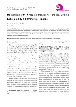 Documents of the Shipping Transport: Historical Origins, Legal Validity & Commercial Practice