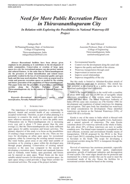 Need for More Public Recreation Places in Thiruvananthapuram City in Relation with Exploring the Possibilities in National Waterway-III Project